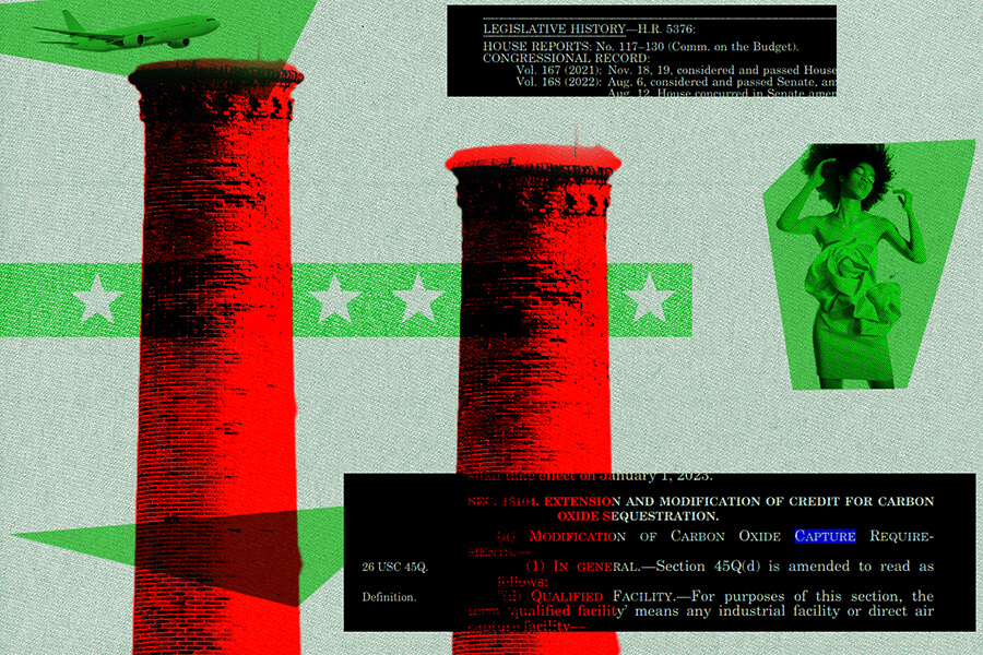 Smoke stacks in red and sustainable products like a dress and a plane in blue. Carbon emissions being reutilized in fabric, aviation fuel, etc.. instead of being released into the atmosphere.