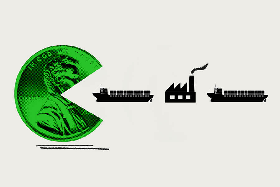 Pacman coin engulfing ships and a factory representing dirty carbon imports.