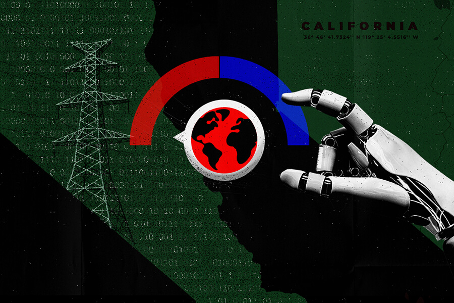 Robotic hand adjusts a temperature dial from hot to cold. Outline of California in the background and a power transmission line.