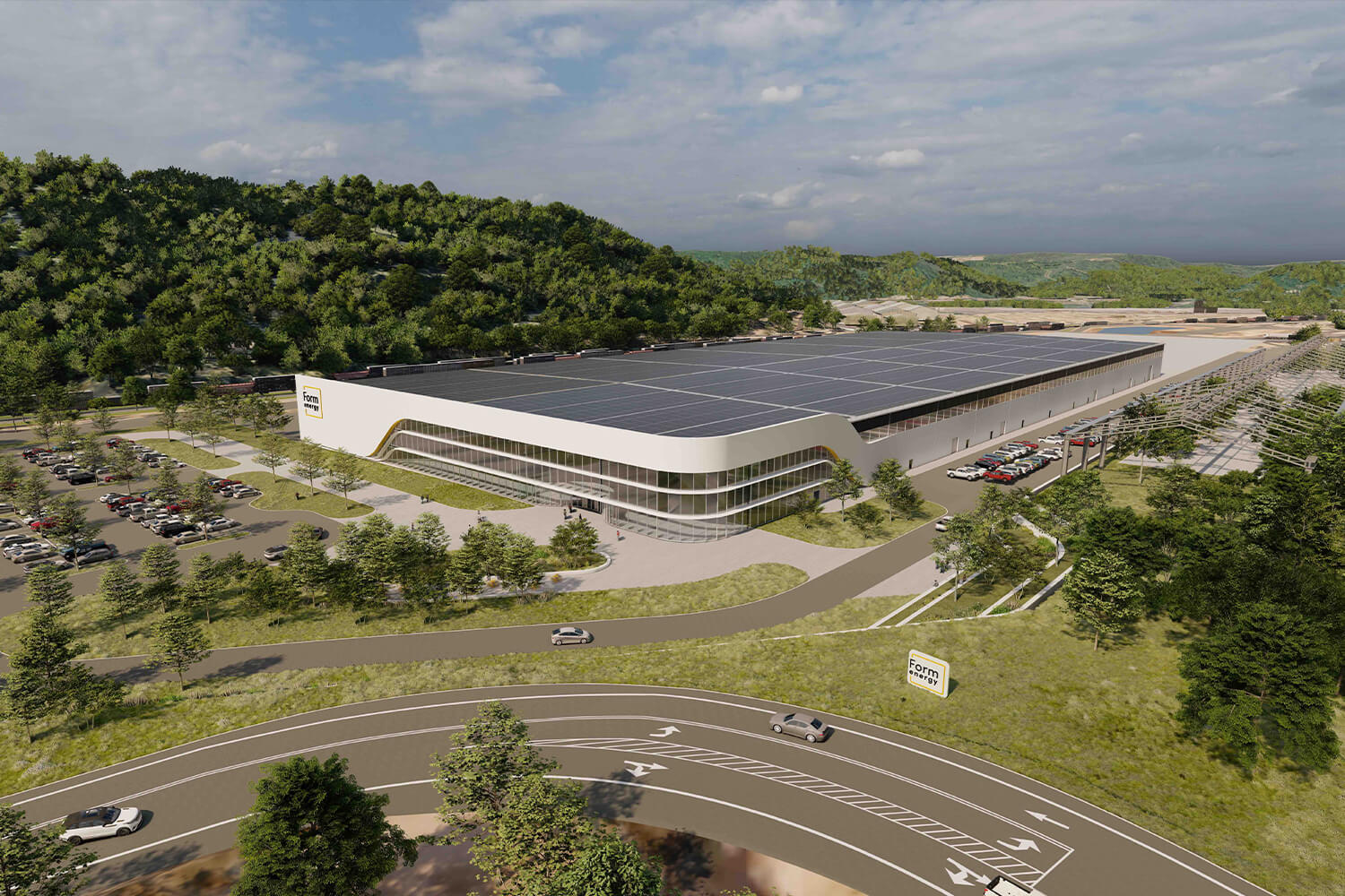 Illustration of a manufacturing building with a roof covered in solar panels.