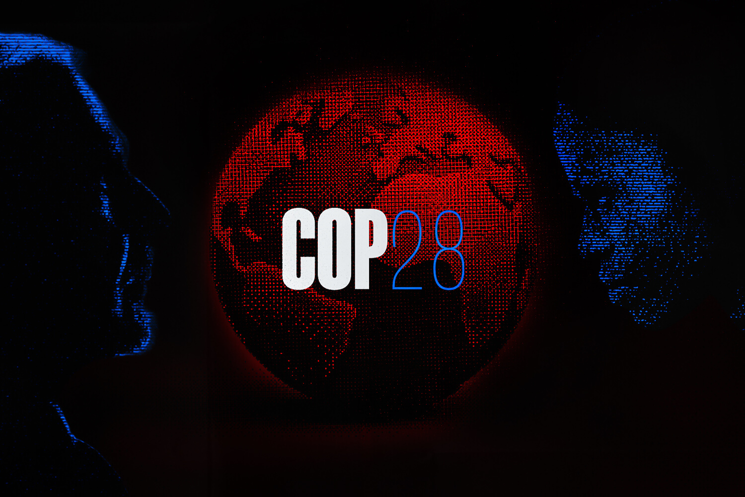 The Earth, shaded red, is in the middle of a black background with the words 