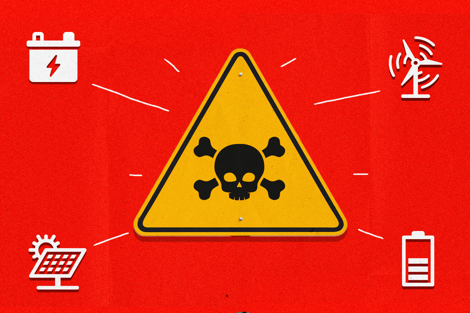 Red background with a hazard warning sign in the middle surrounded by a white drawing of a wind turbine, a battery, a solar panel, and an electrolyzer.