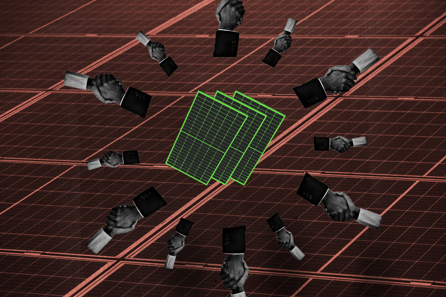 Illustration of social panels surrounded by hands shaking in agreement