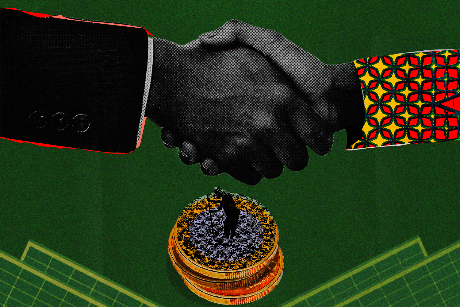 Two hands shaking above a stack of coins and a farmer tending to a field. Illustration with a green background.