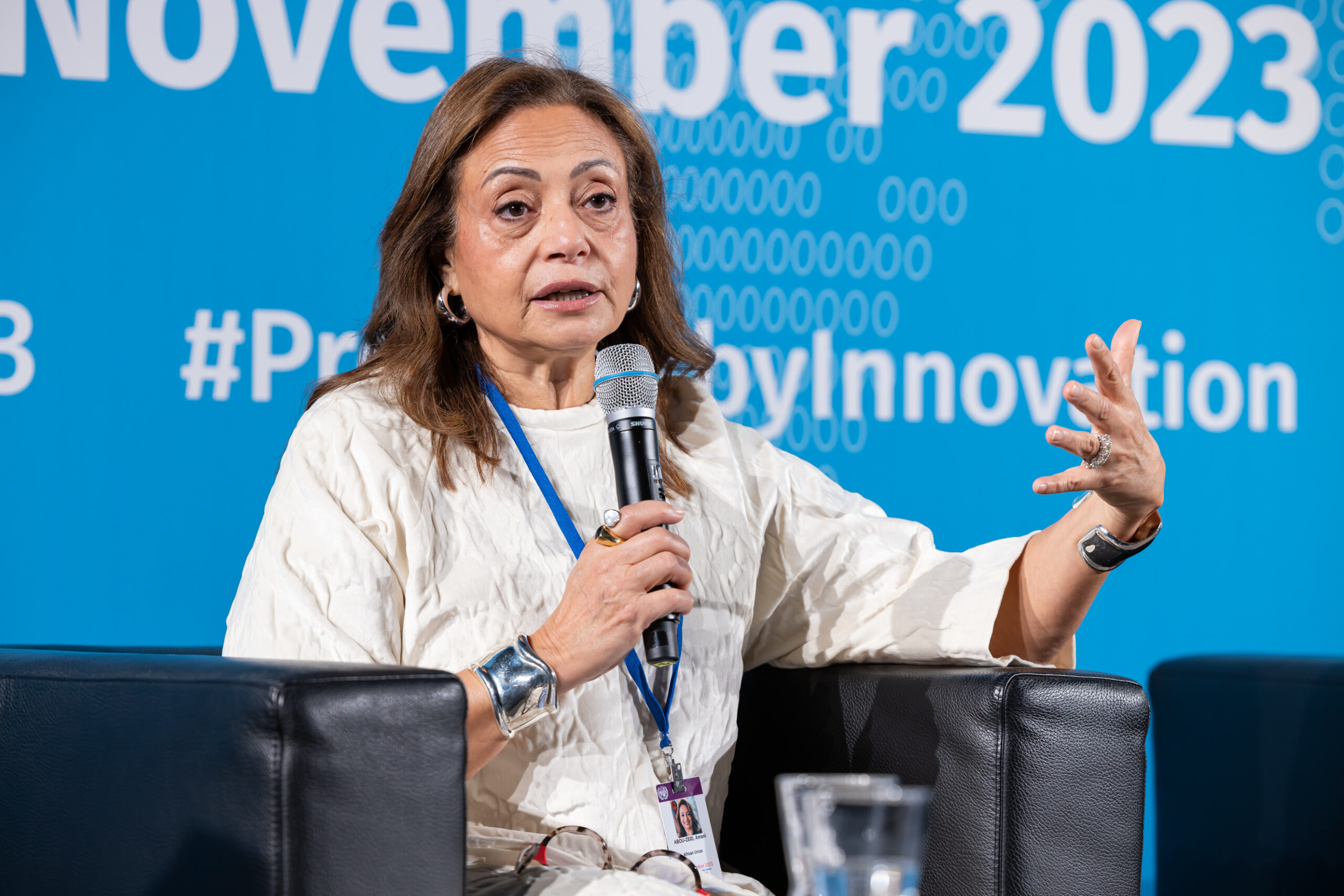 Amani Abou-Zeid speaks on a panel at an energy conference.