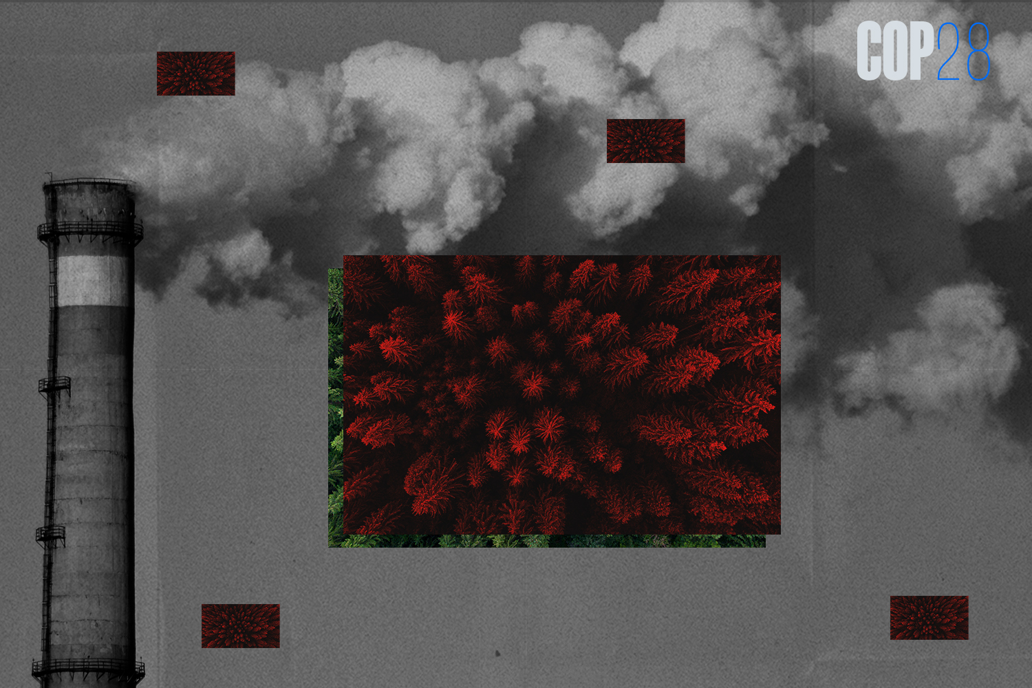 Smokestacks and a square of trees from above, with the COP28 logo in the upper righthand corner.
