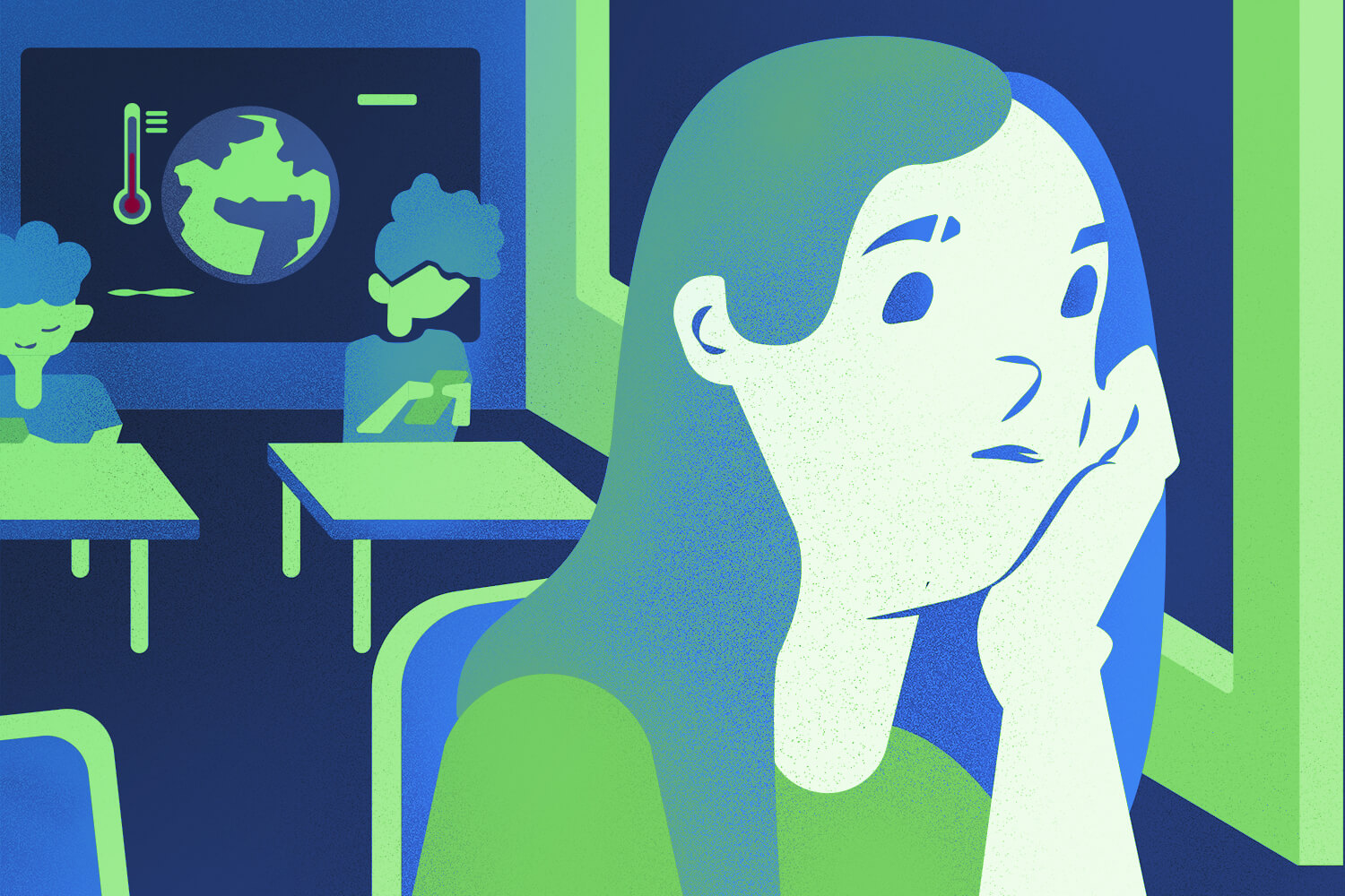 Illustration of children in a classroom with an Earth and a thermometer on the blackboard.