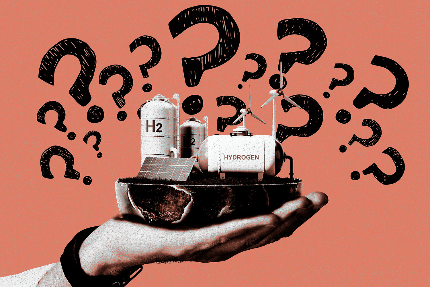 Illustration. A hand holds a hydrogen production plant surrounded by questionmarks drawn in marker on a peach background.