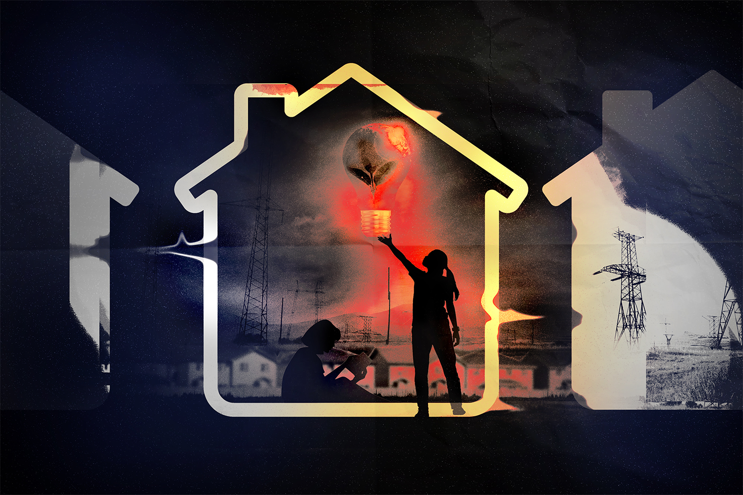 Two girls are sitting in a dark field in front of unlit houses. One of them is struggling to read while the other holds up a lightbulb with a growing plant inside, eliminating the darkness.