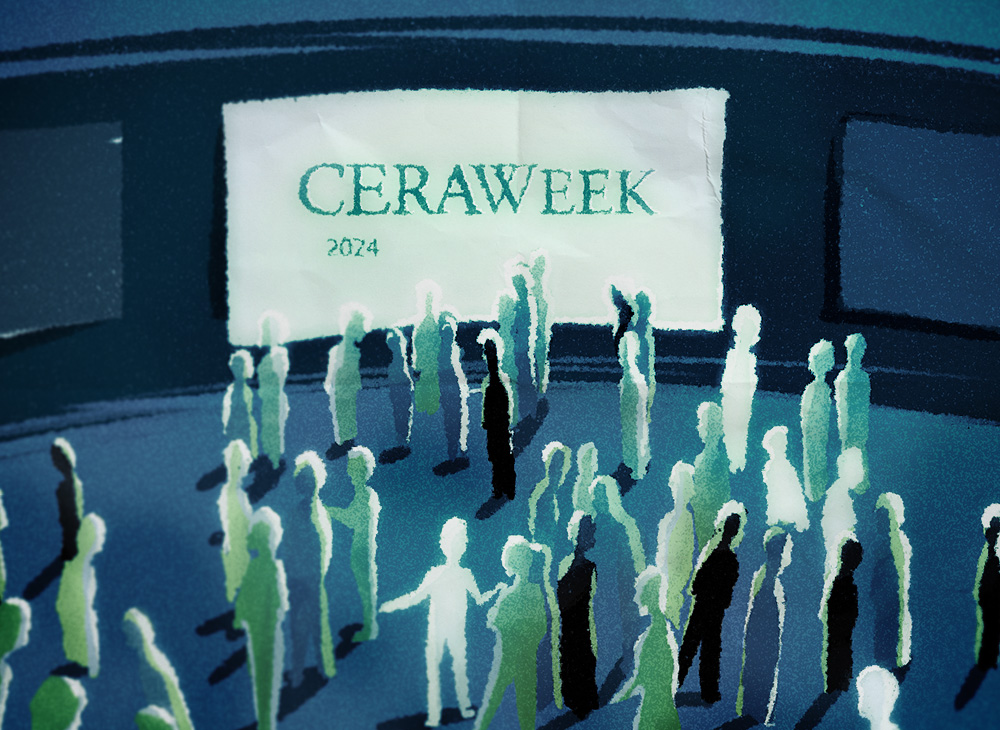 An illustration of a group of people milling about in front of a sign that says 