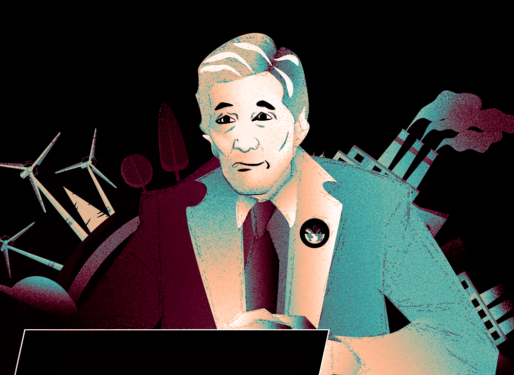 An illustration depicts John Kerry sitting at a speaking engagement, with a group of climate change industry icons behind him.