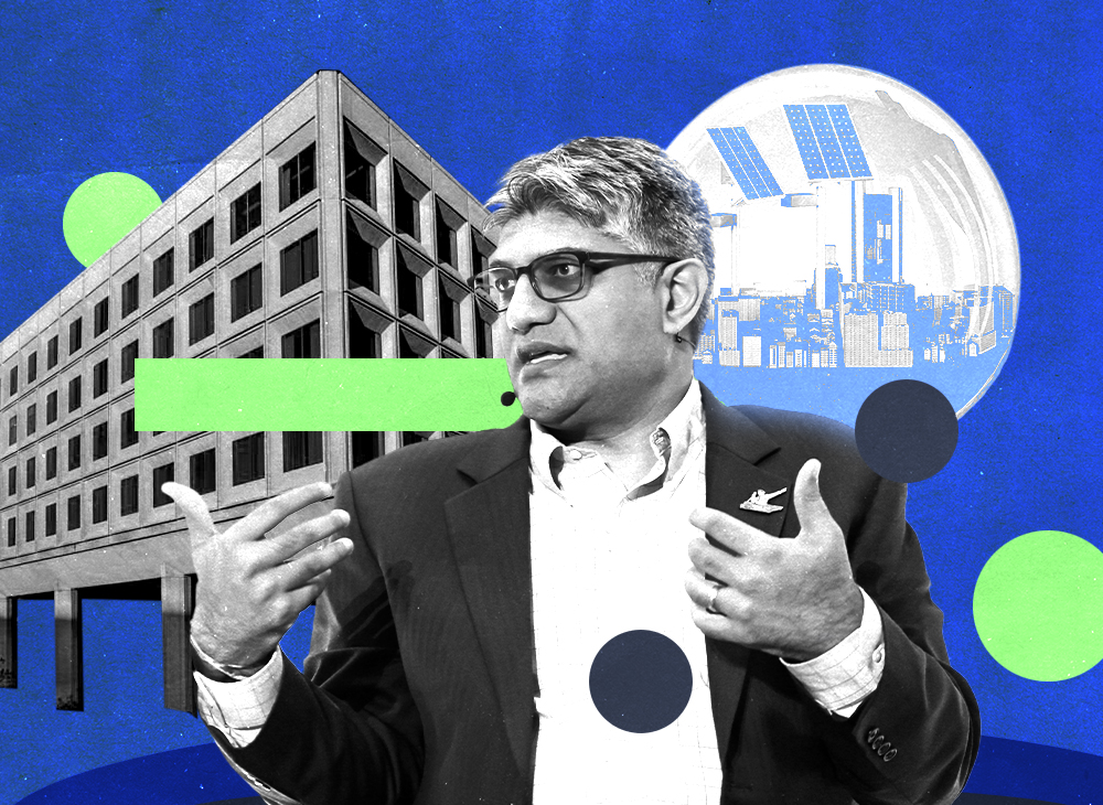 An photo collage including a picture of Jigar Shah, head of the DOE's Loan Programs Office, a government building, and solar panels.