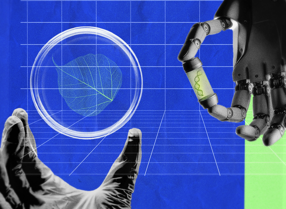A human hand wearing a lab glove holds up a petri dish with a leaf inside on the left; on the right, a robotic hand holds up a vial containing a spiral of DNA.