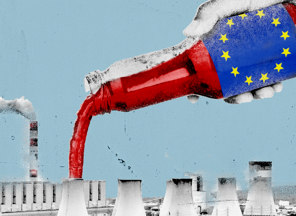 A giant hand pours a bottle of sauce with an EU logo label into a factory smokestack.