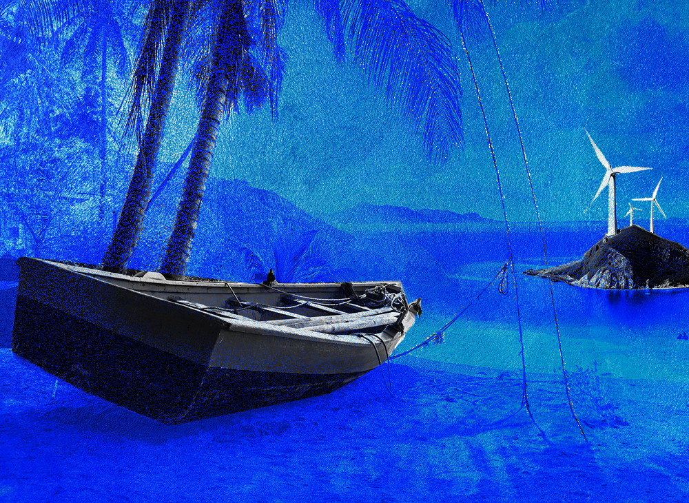 Illustration of a wooden boat on a sandy beach, pointing toward wind turbines on a small island in the distance.