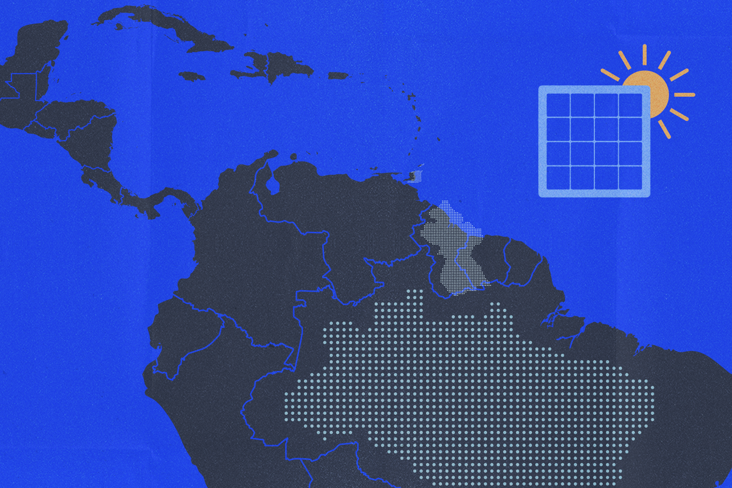A map of Central and part of South America, with the outlines of Brazil, Guyana and Trinidad and Tobago emphasized. A little sun and a solar panel sit in the top righthand corner on top of a blue background.