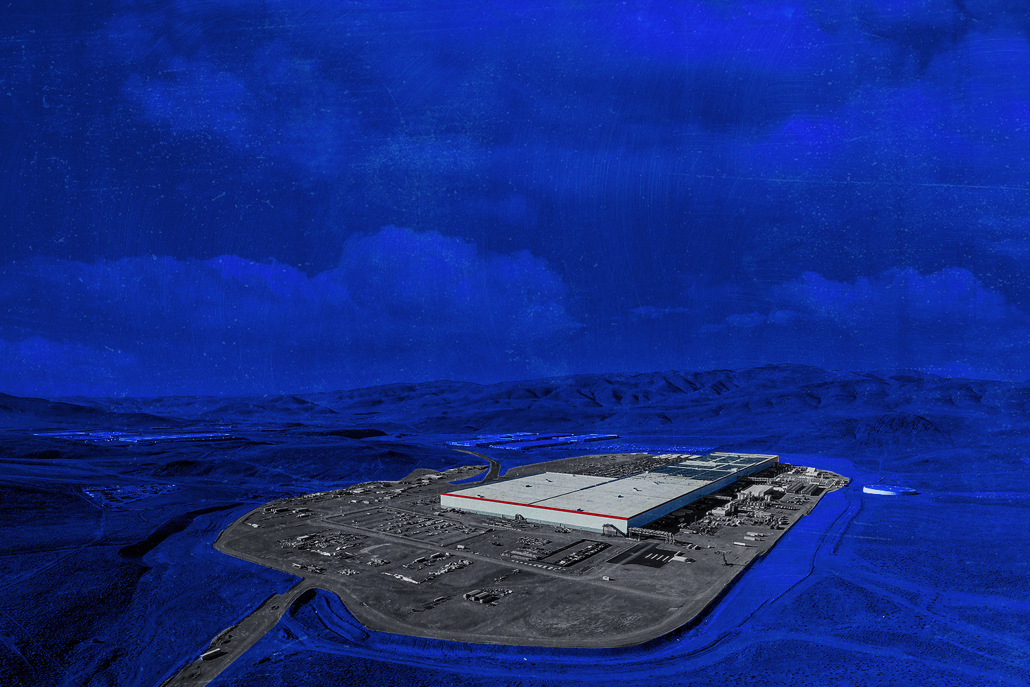 An illustration that shows a giant white factory building in the middle of a dry landscape ringed by mountains.