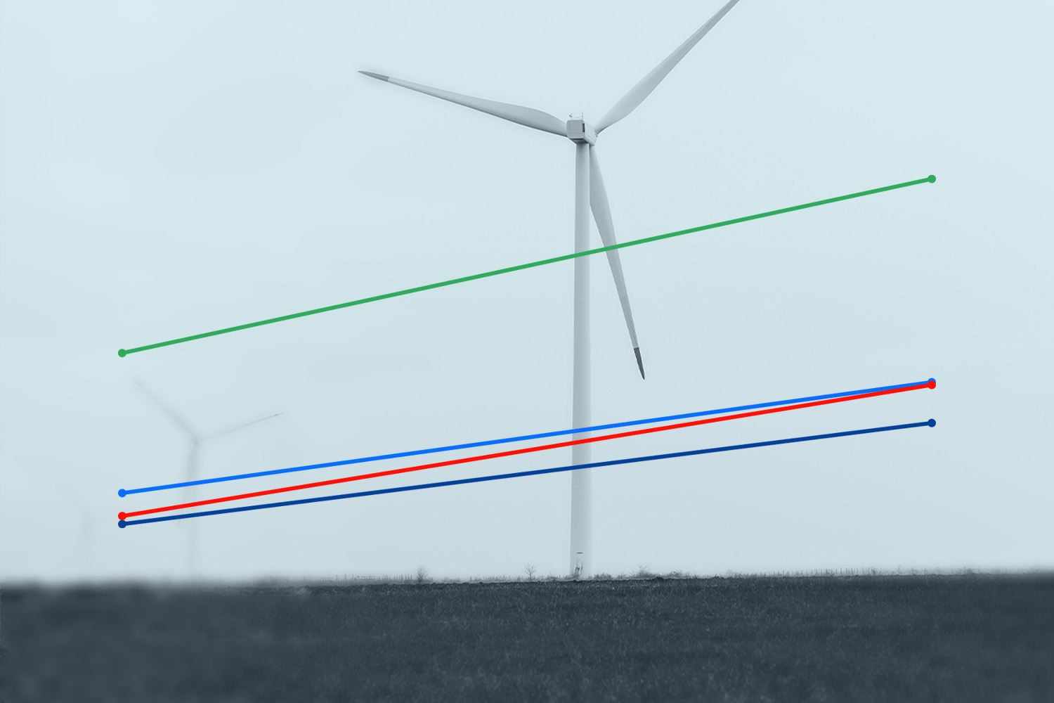 Lines from a line chart stretch across a black and white photo of a wind turbine in a field.