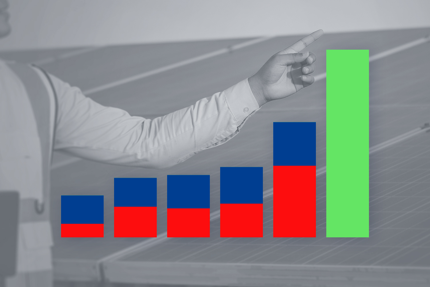 A bar chart in blue, red and green overlaid on top of a black and white photo of a solar panel, with a man holding up his arm and pointing at the top righthand corner of the screen.
