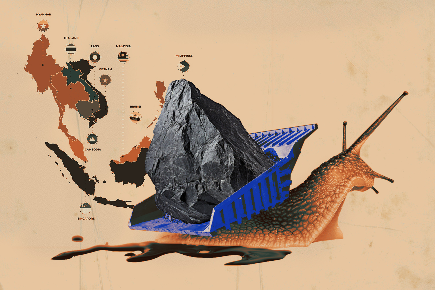 Illustration of snail carrying a piece of coal on its back like a dumptruck over a map of southeast asia