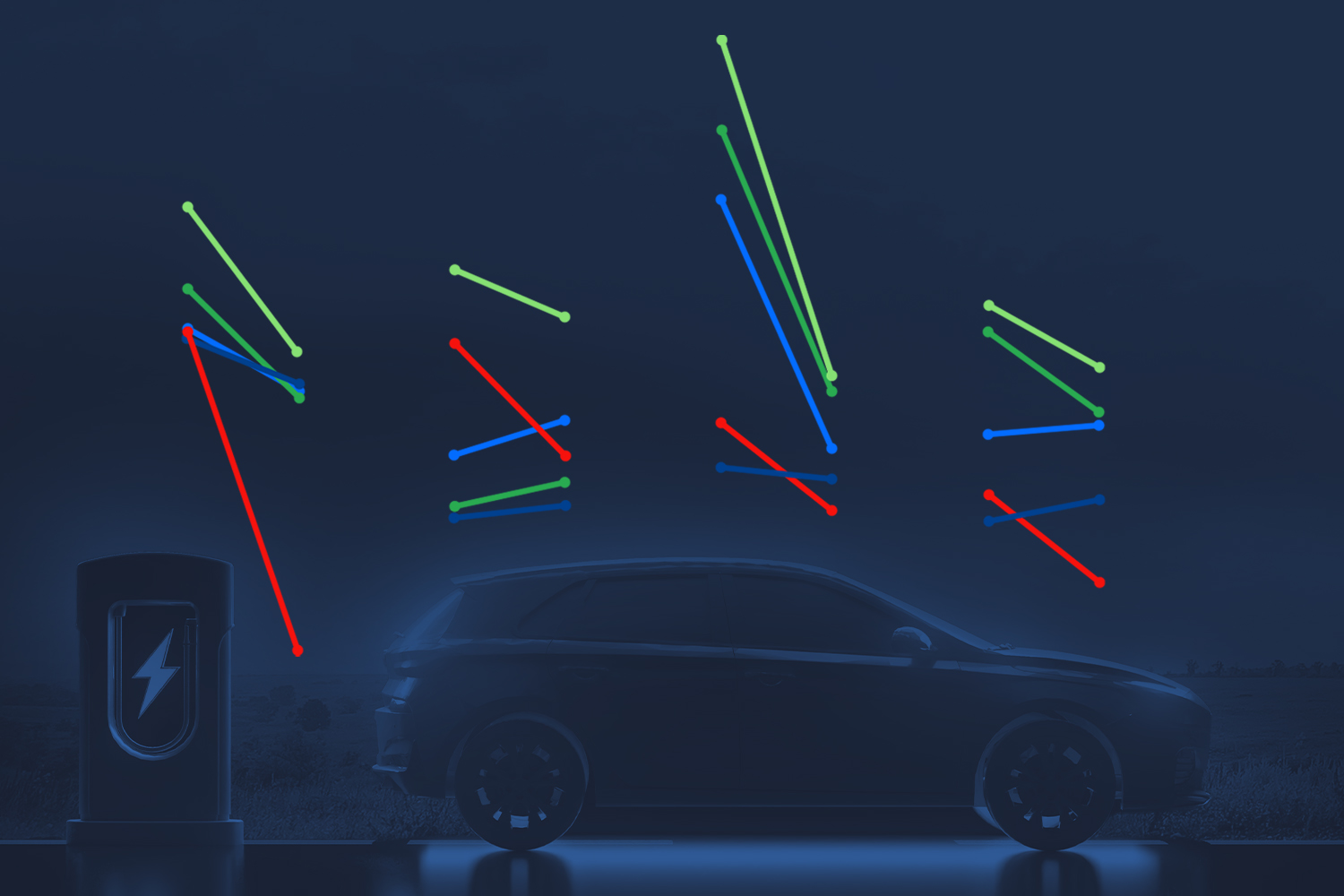 Illustration where the lines from a line chart hover over a dark drawing of a car.