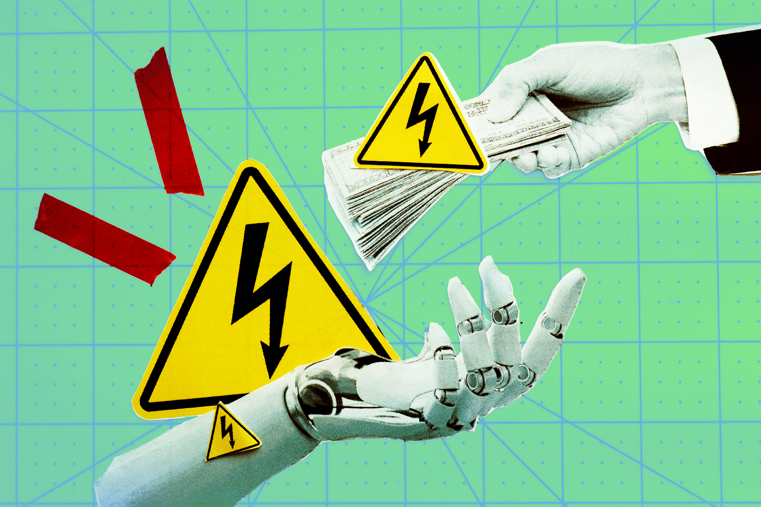 An illustration with a green background, electricity warning signs in yellow, a human hand extending a wad of cash and a robotic hand reaching to take the cash.
