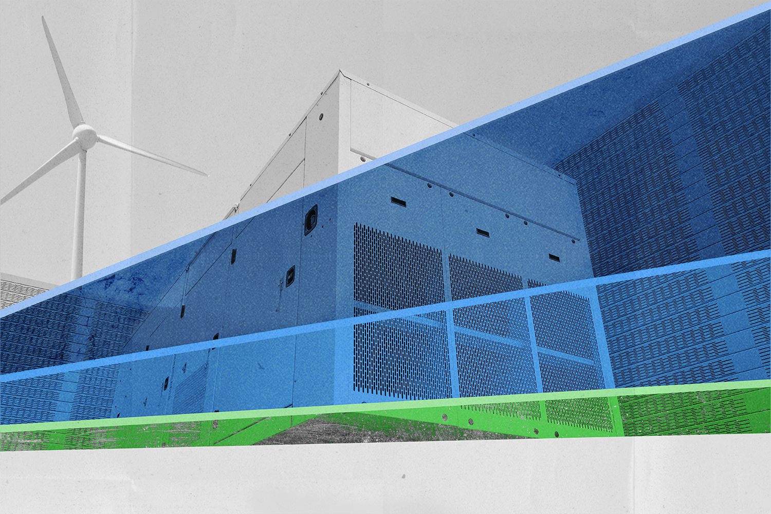 An illustration with an area line chart in the foreground and battery storage units and a wind turbine in the background.