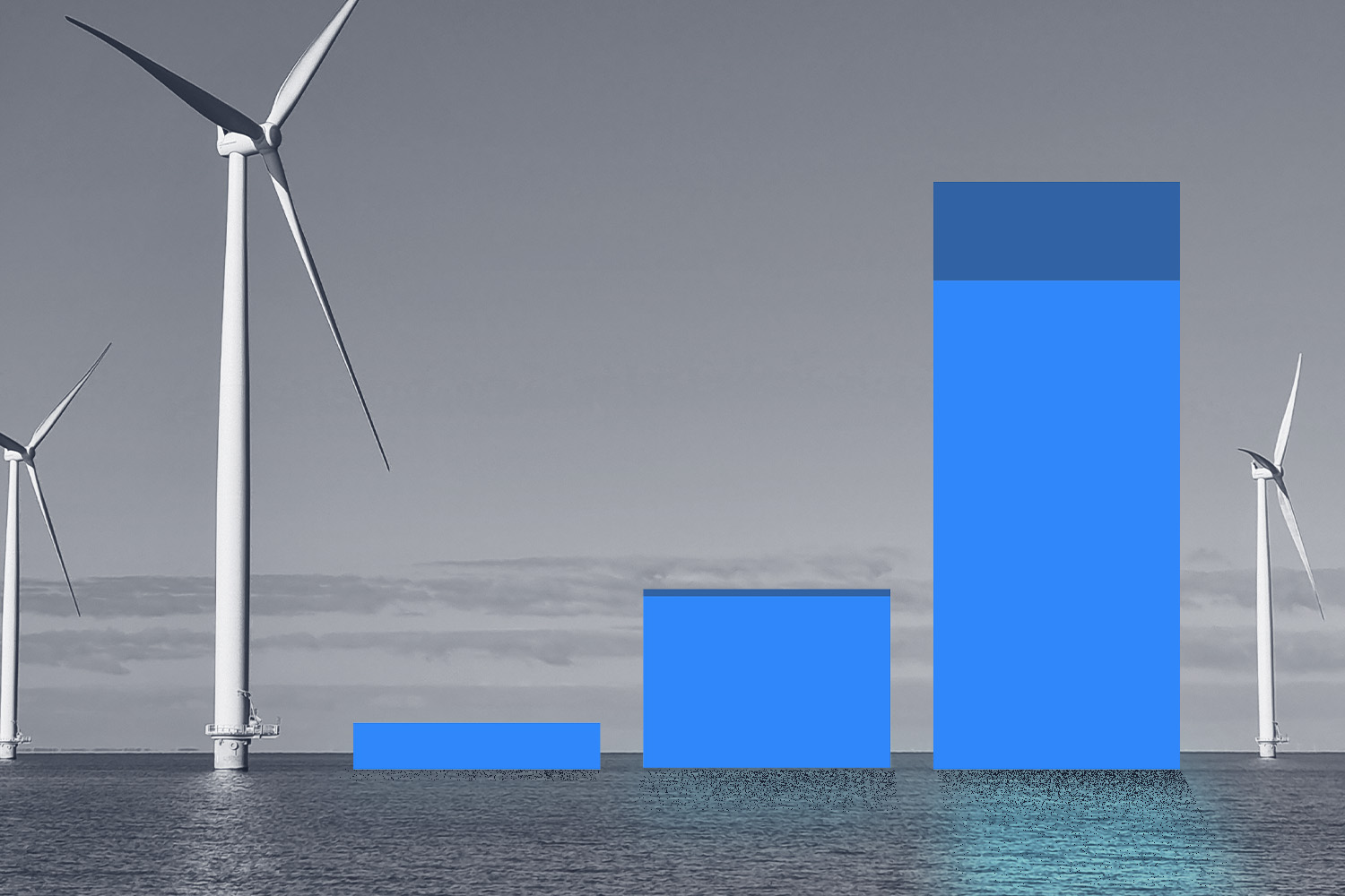 An illustration of three bar charts rising out of water, where there are also wind turbines rising out of the water.