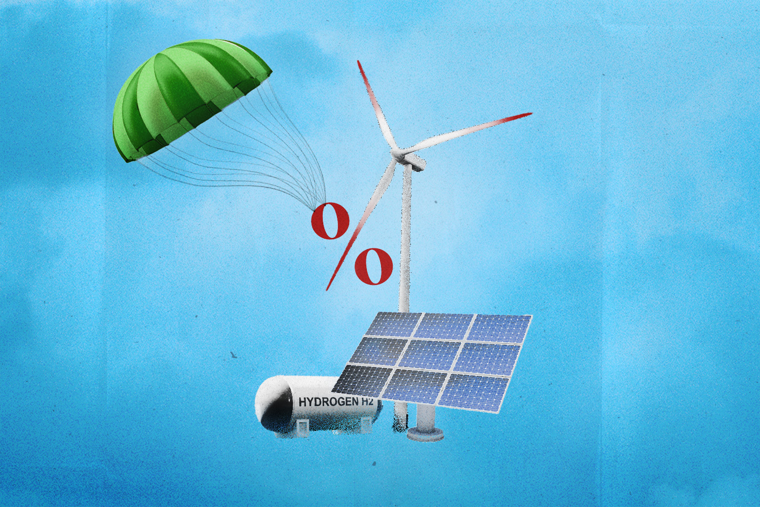An illustration of a wind turbine, solar panel and hydrogen tank with a parachute lowering a percent symbol.