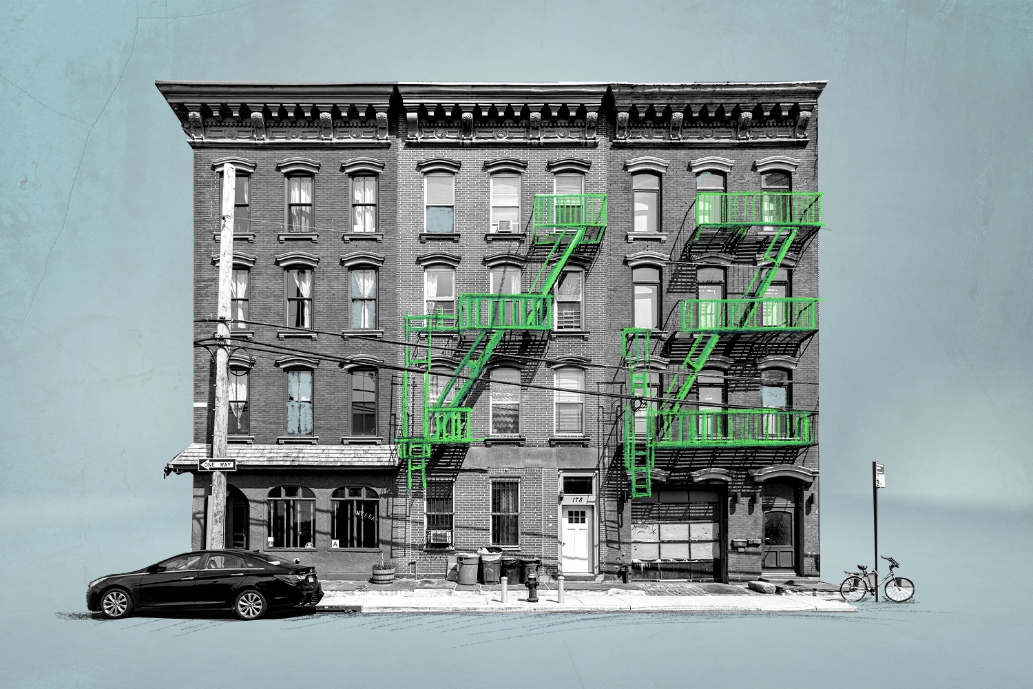 Illustration of a building in black and white with green fire escapes, light blue background.