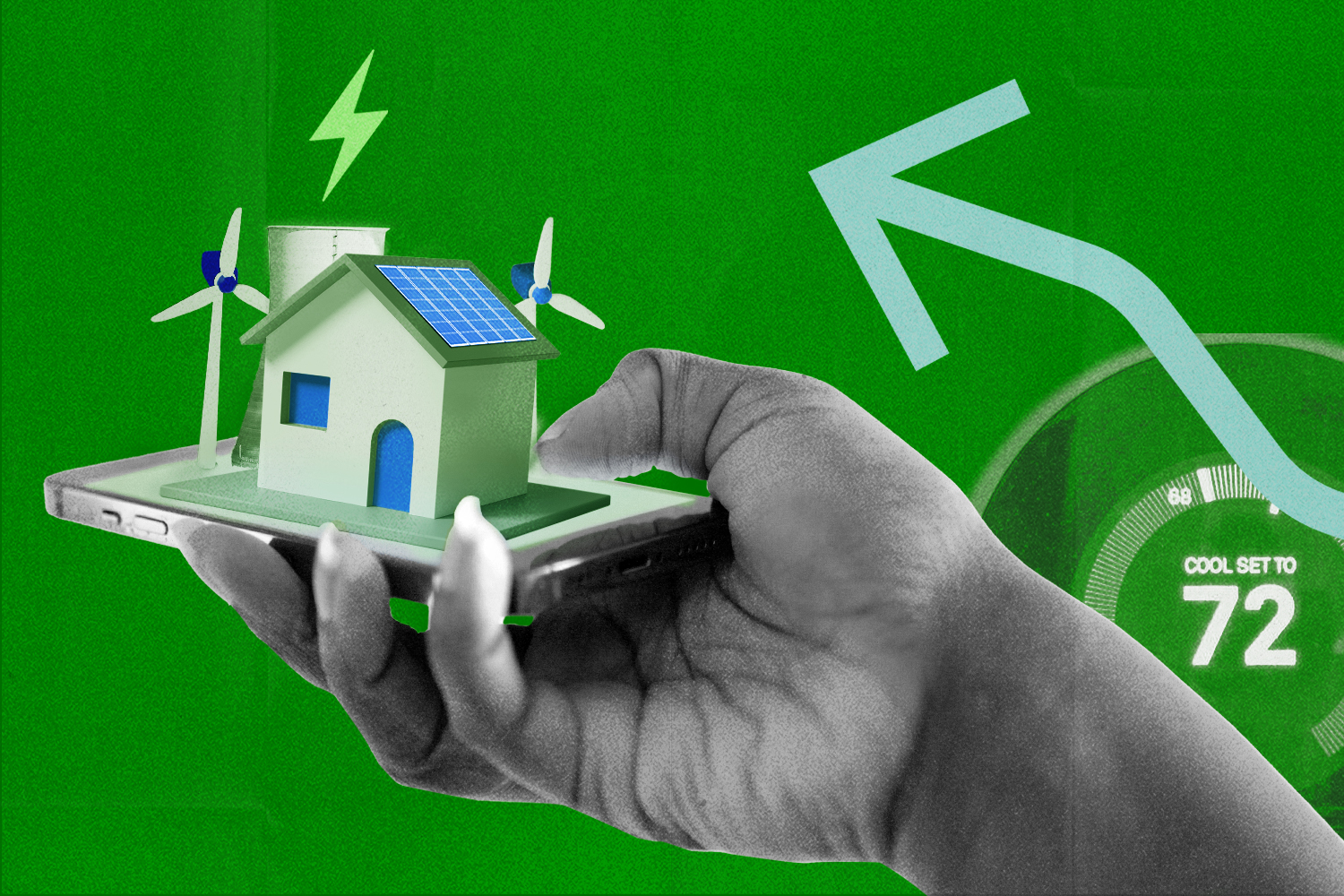 An illustration with a green background and a hand holding up a smartphone with a house with solar panels on it and wind turbines and a nuclear power reactor coming out of it. There's also a thermostat set to 72 and an arrow pointing up behind the hand.