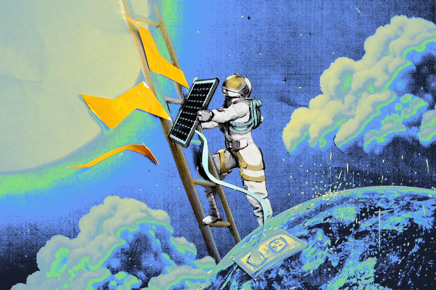 An illustration of an astronaut of a ladder up into space from the surface of Earth, holding up a solar panel to get the rays of the sun. The solar panel is plugged into a plug on the surface of Earth.