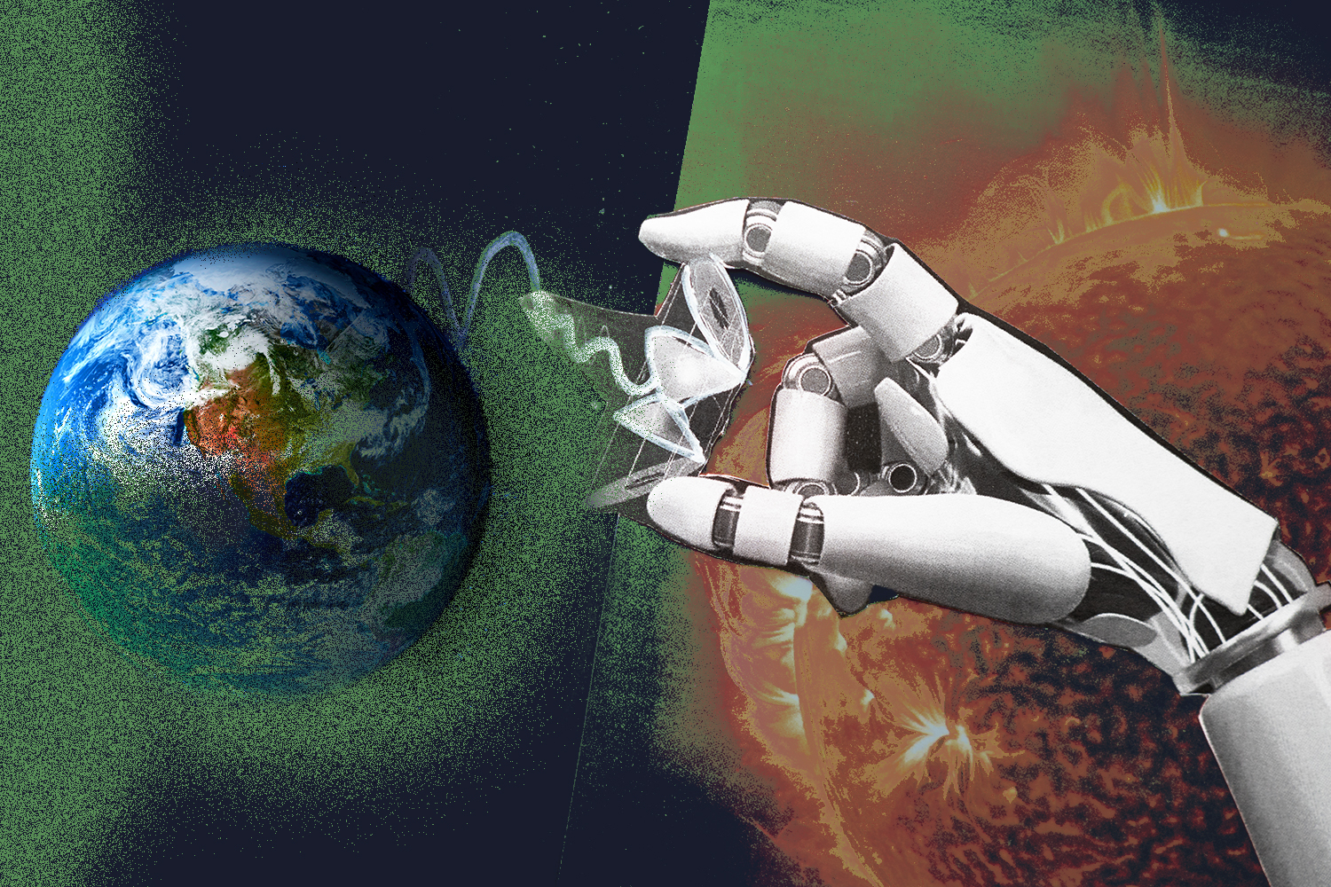 An illustration of the Earth on the left and the Sun on the right, with a robot arm holding up a satellite in between both.