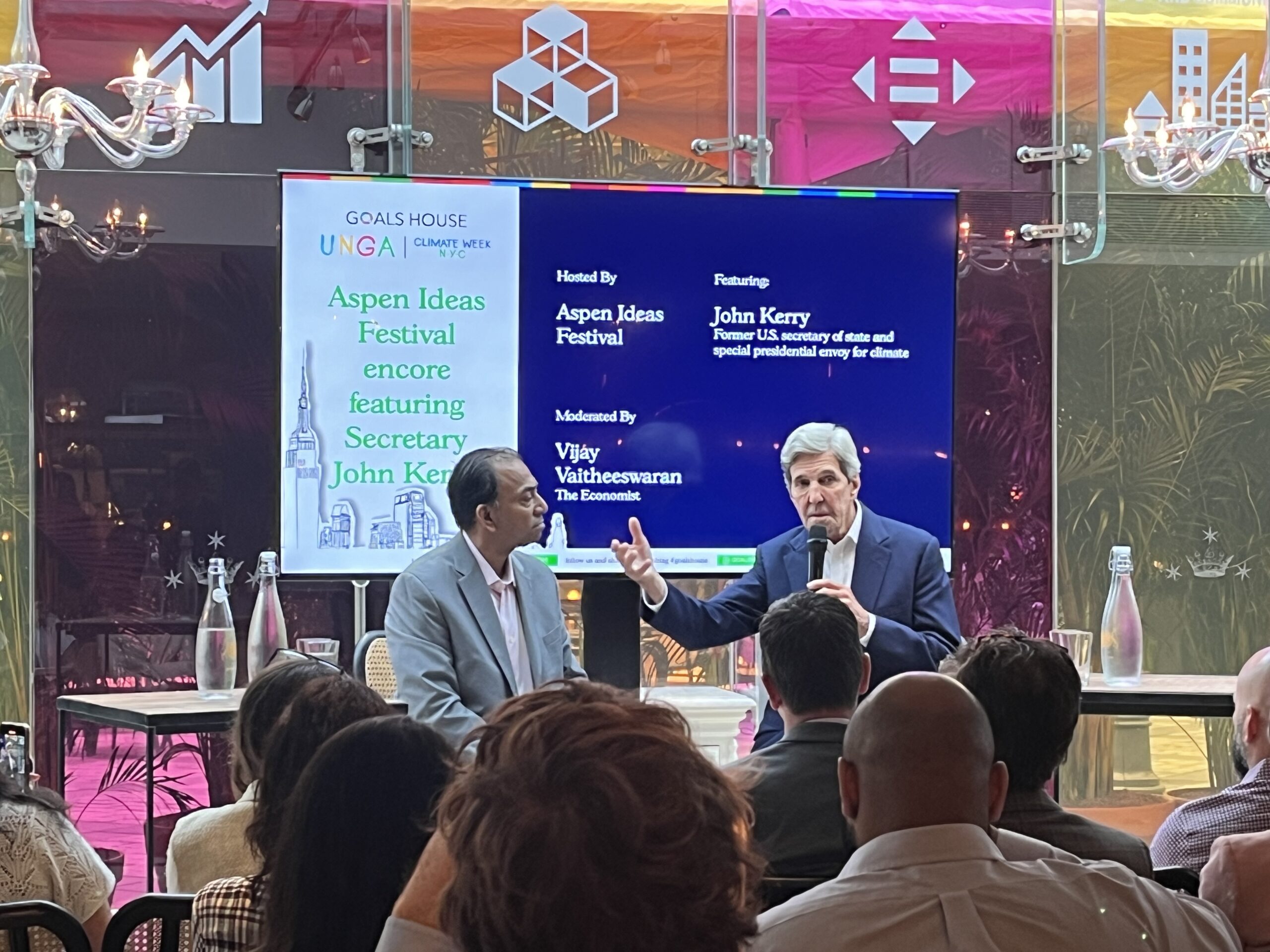John Kerry gestures while talking in front of an audience at an Aspen Ideas Festival event.