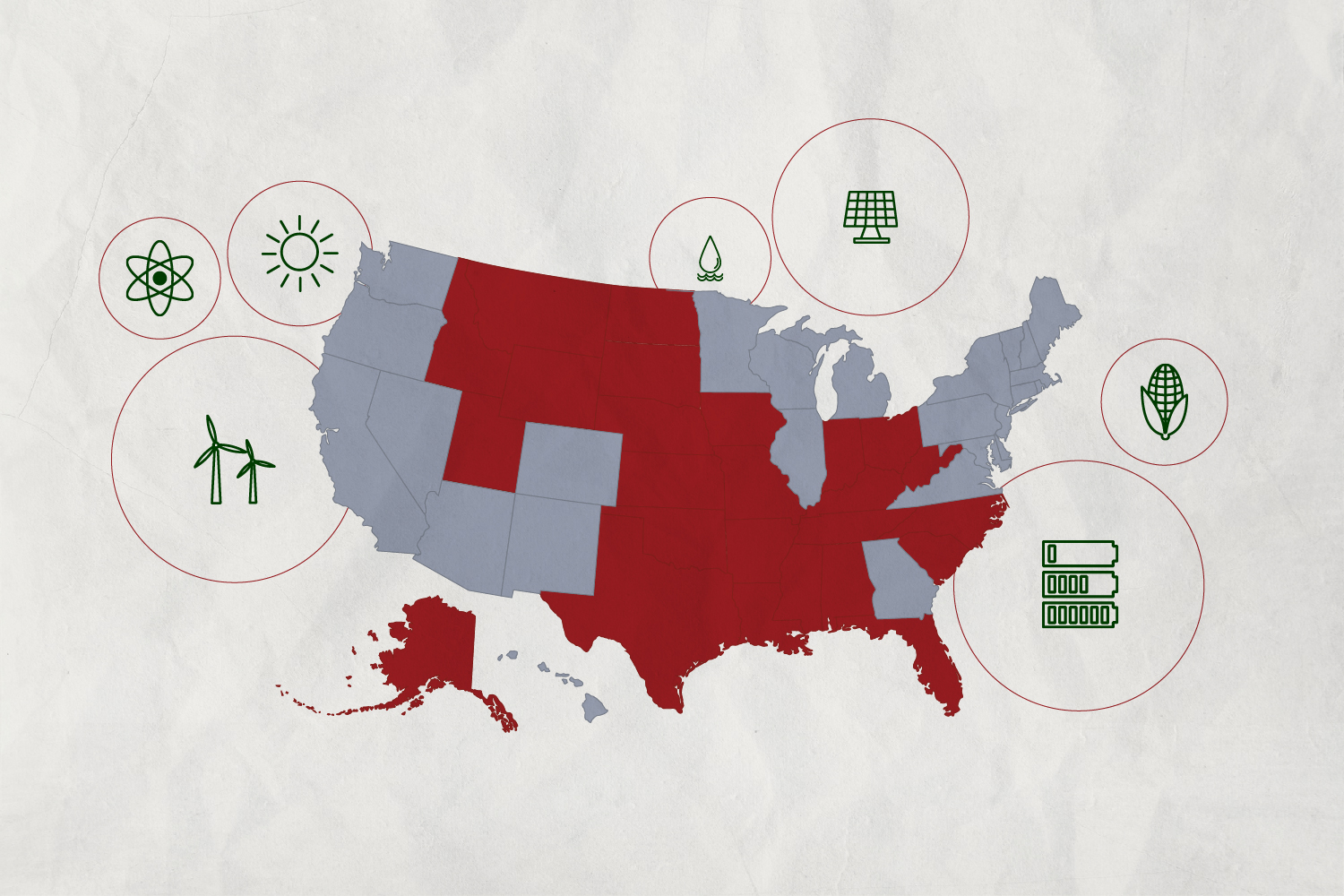 An illustration of the United States, with some of the states highlighted in red. Around the map there are green icons of wind turbines, solar power, nuclear energy, biofuels and batteries.