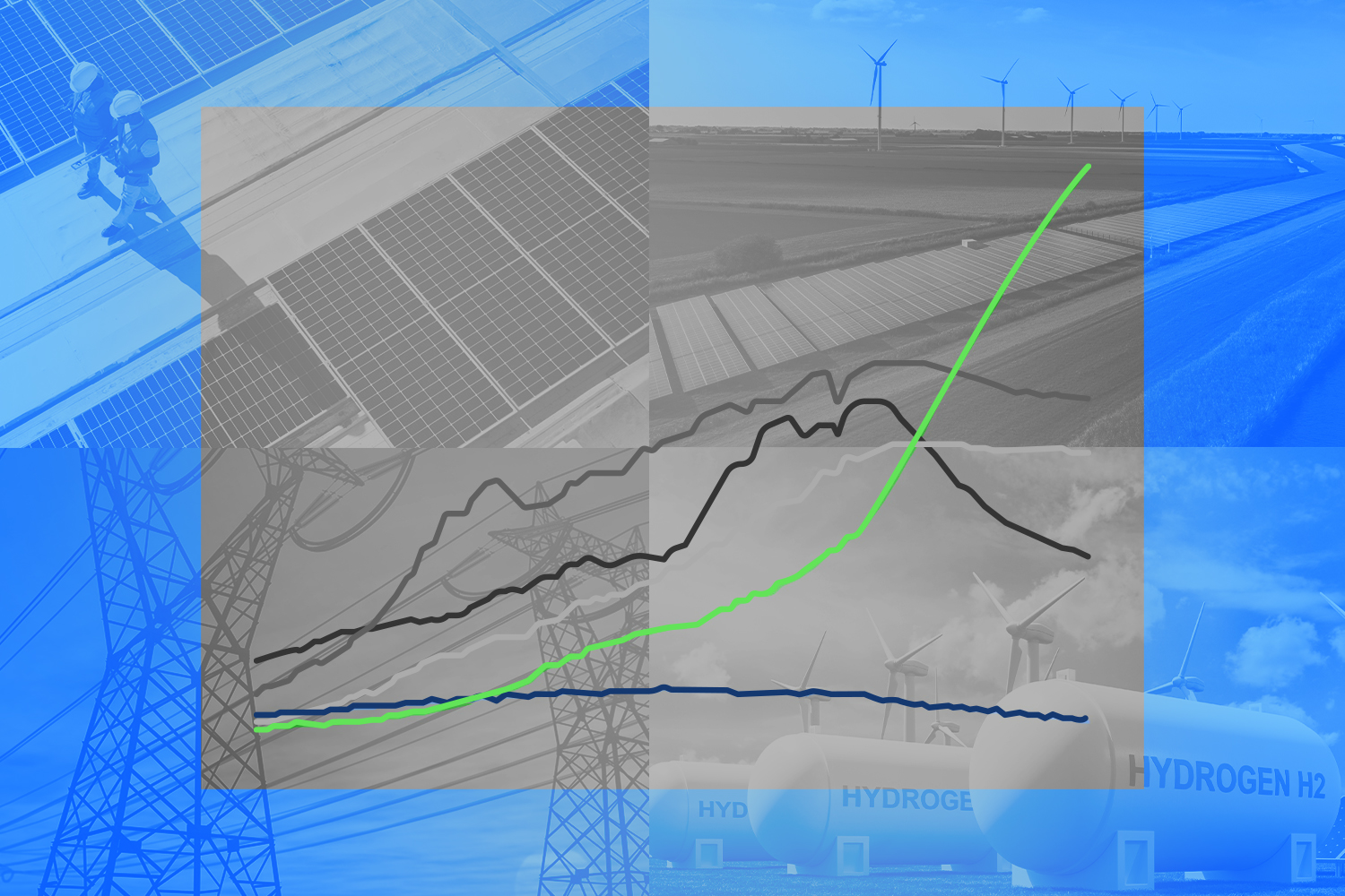 An illustration featuring a line chart that has a sharp green line going up. In the background are photos of solar panels, wind turbines, hydrogen, and large transmission lines.