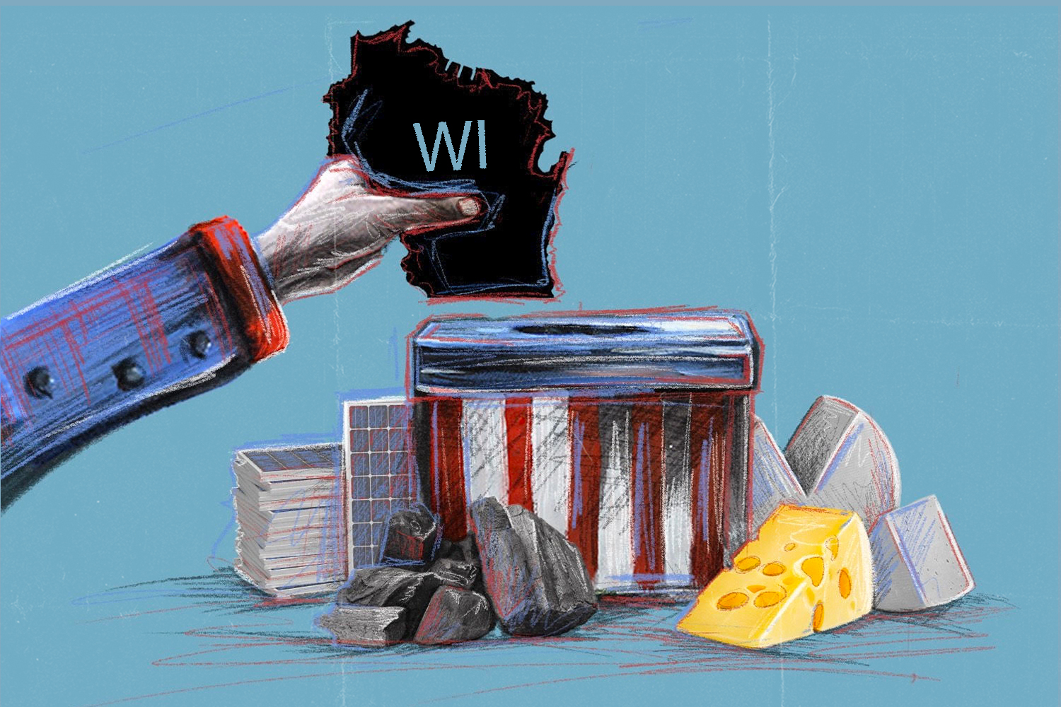 A hand puts the state of Wisconsin into a ballot box surrounded by cheese and piles of coal and solar panels.