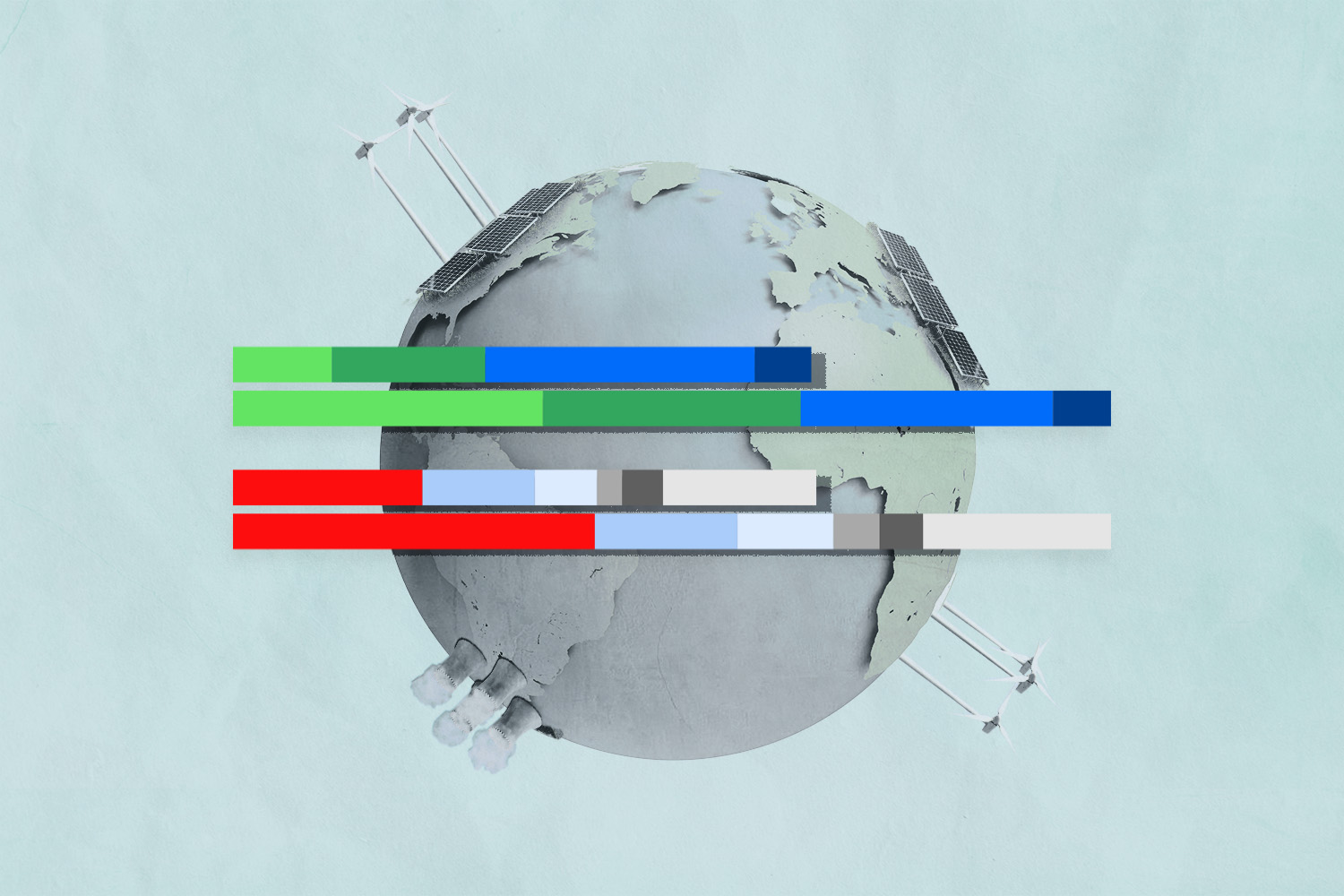 An illustration showing two bar charts imposed over a globe with solar panels and wind turbines sticking out of it.