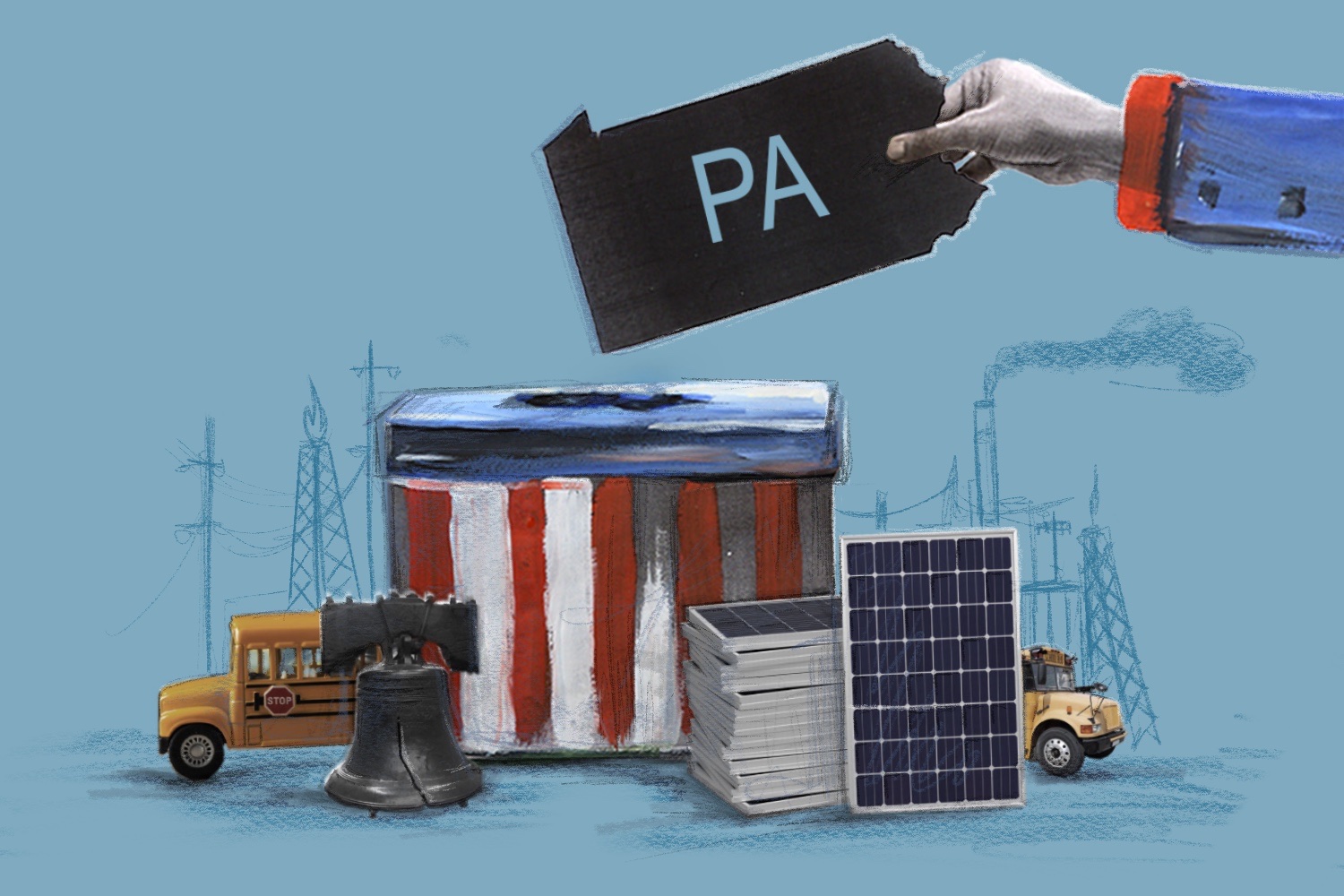 An illustration with a blue background that has a hand holding the shape of Pennsylvania with 