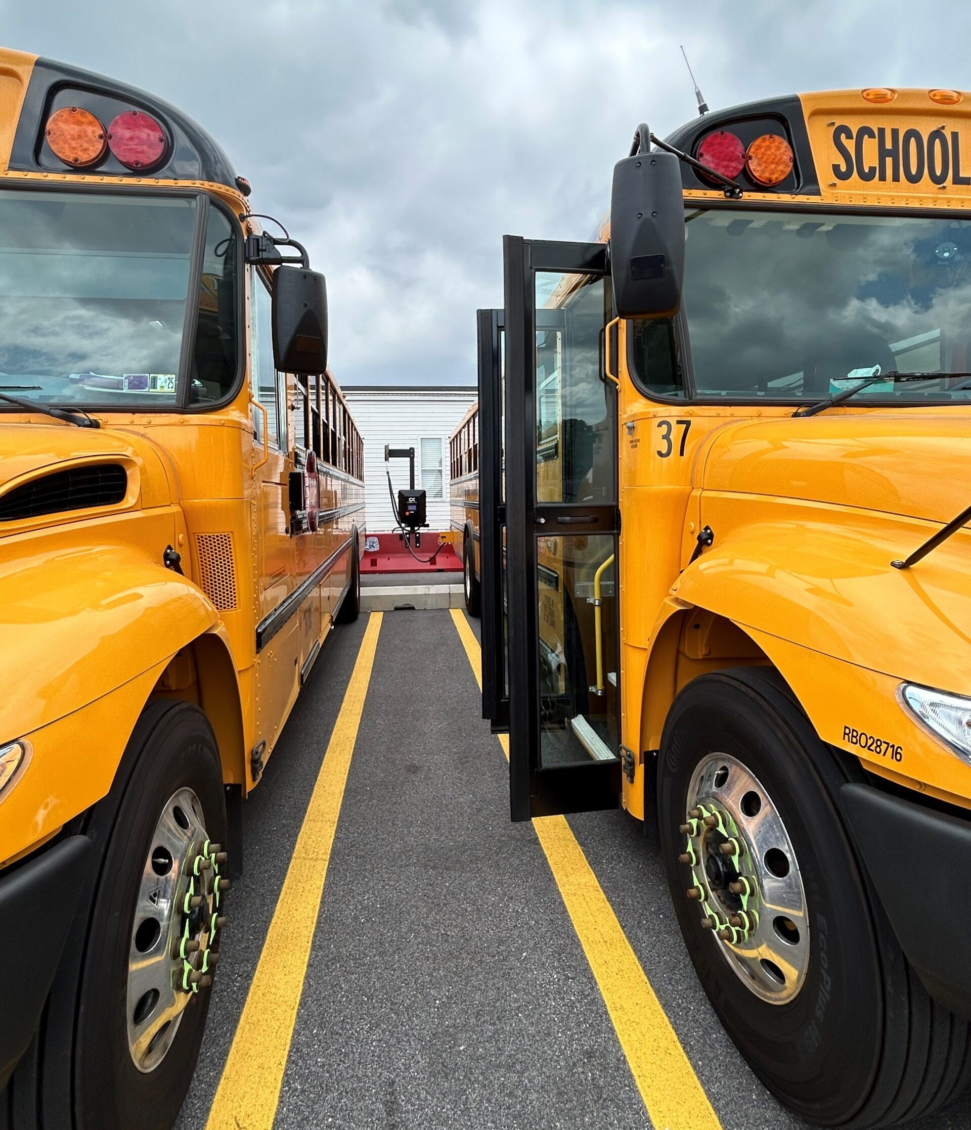 A photo of Steelton-Highspire School District's electric school buses getting charged before school lets out.