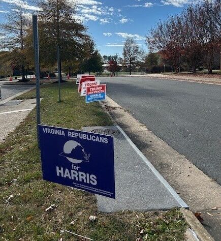 A definite first: A "Virginians for Harris" banner outside the Purcellville precinct.