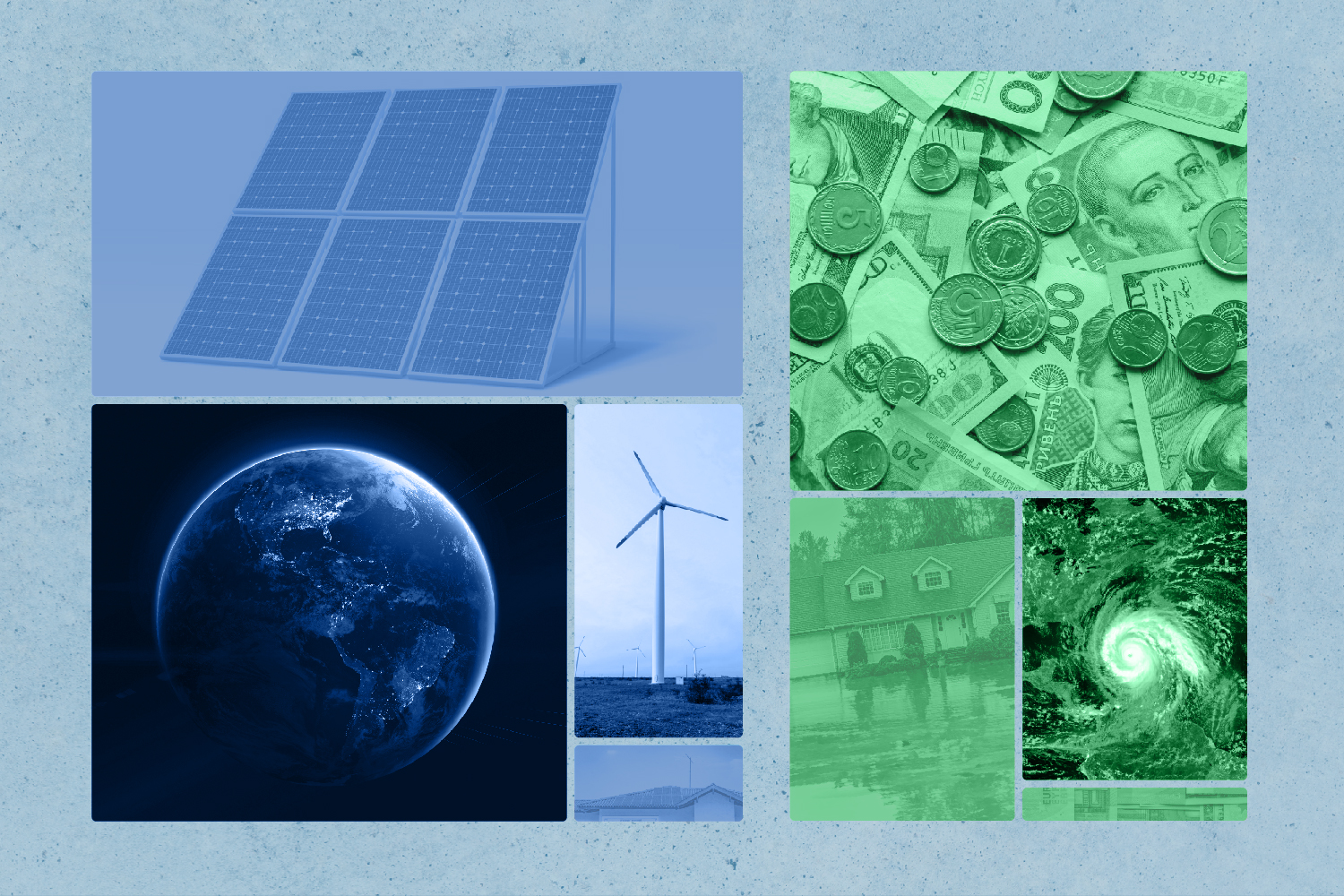 Illustration with a grid of images in blue and green showing solar panels, the Earth, wind turbines, money, hurricanes and flooding.