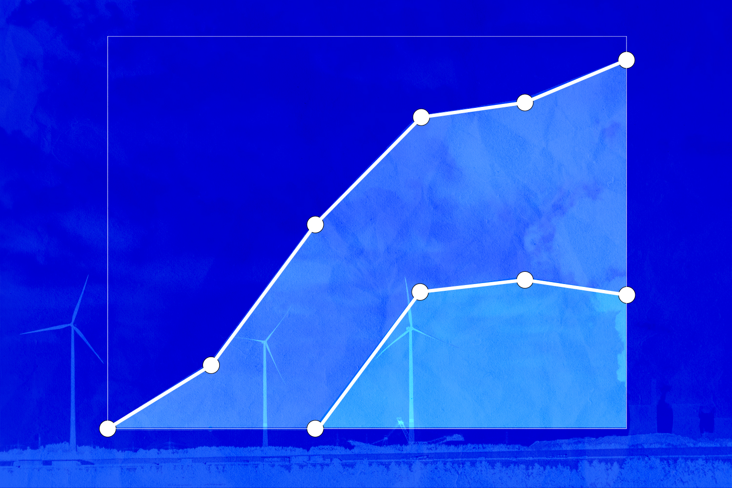 Two blue line charts on a blue background with no labels