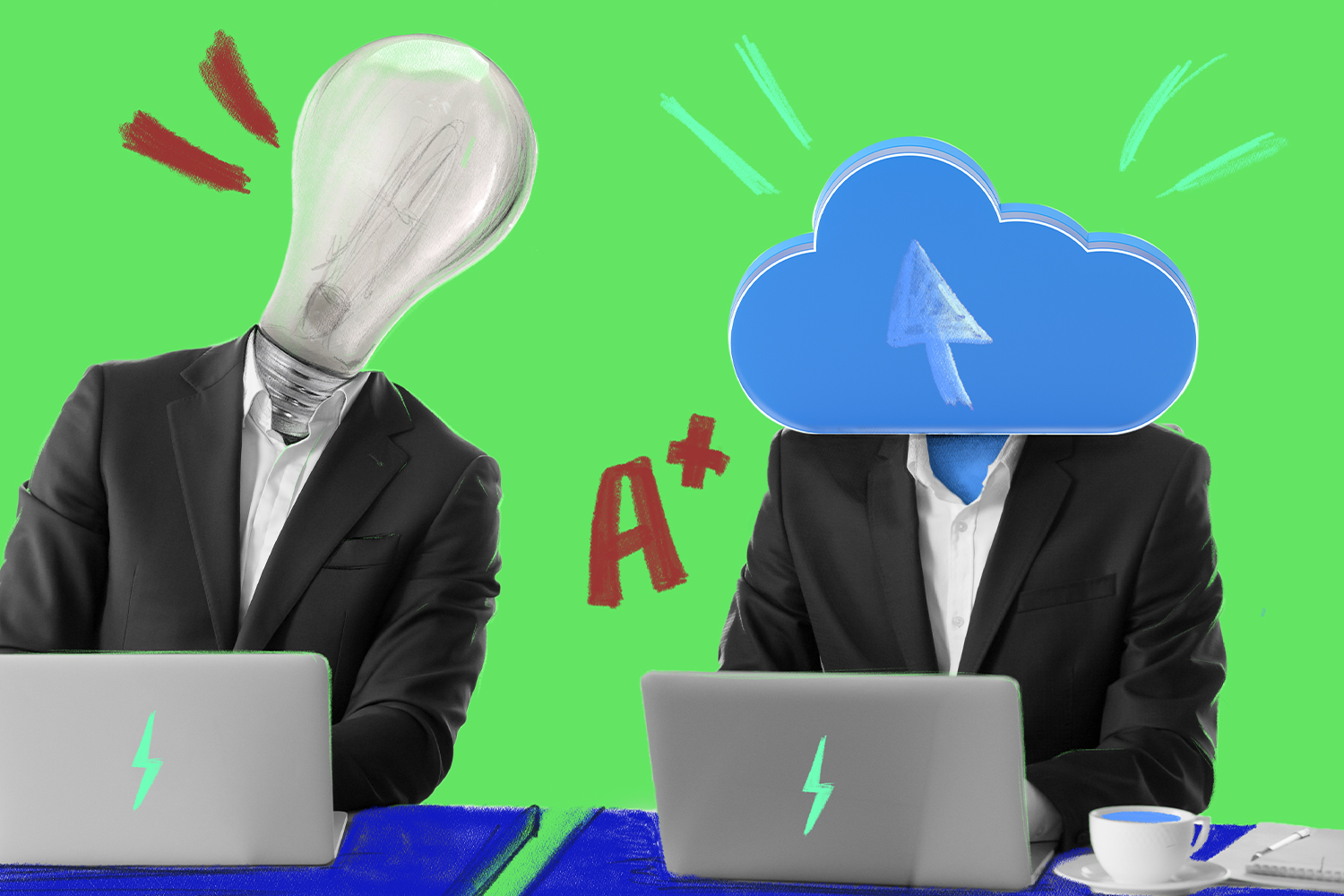 illustration of man with a lightbulb head in front of a laptop looking at the work of a man with a cloud head next to him, also looking at a laptop. The grade A+ written in large red print on a green background