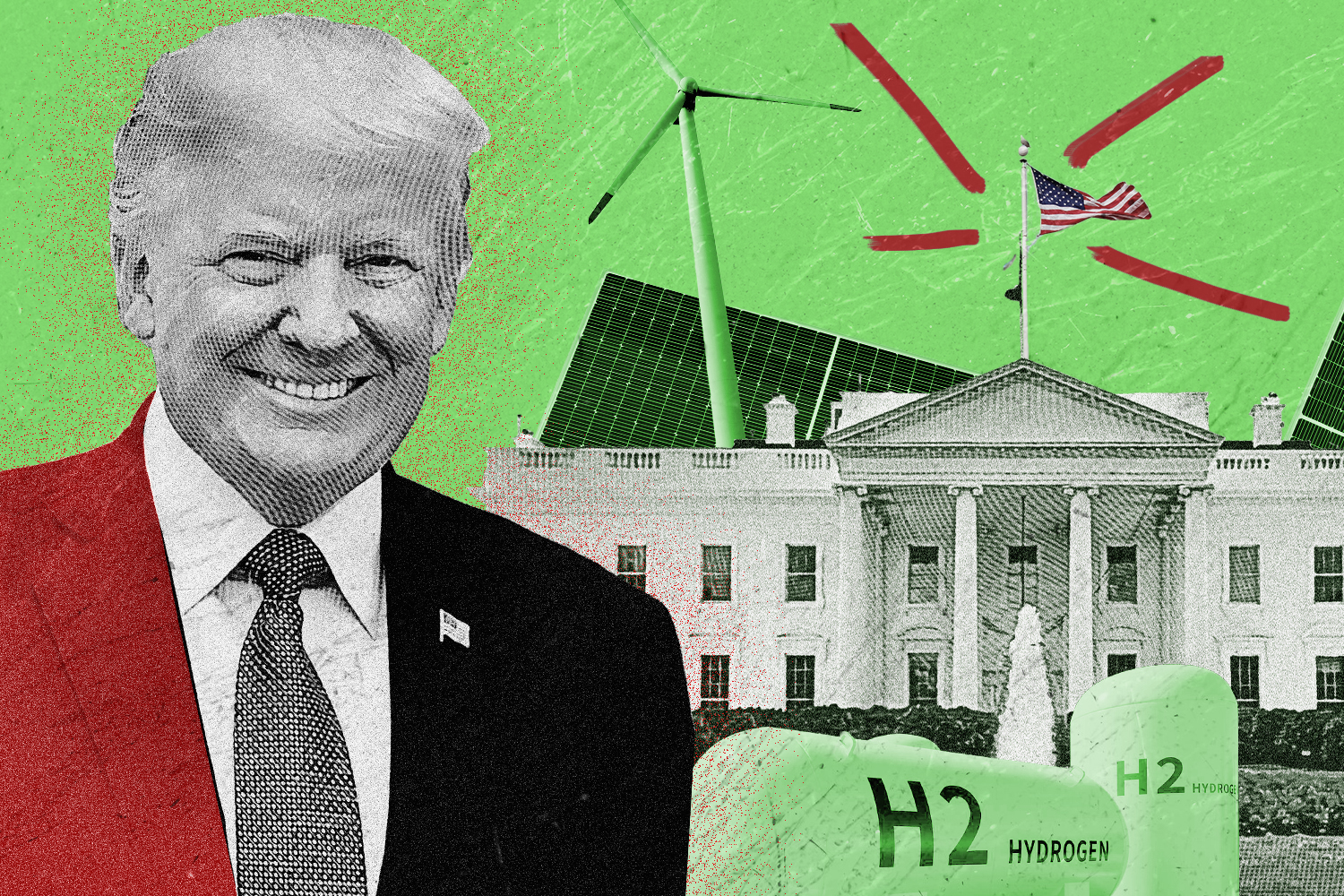 An illustration of the white house surrounded by energy icons — solar panels, wind turbines, hydrogen tanks — and president elect Donald Trump smiling.