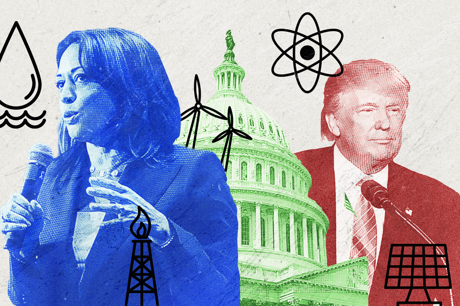 Illustration showing Kamala Harris in blue and Donald Trump in red with the U.S. Capitol building in green between them. Icons for solar panels, nuclear, wind, hydrogen and fossil fuels surround them.