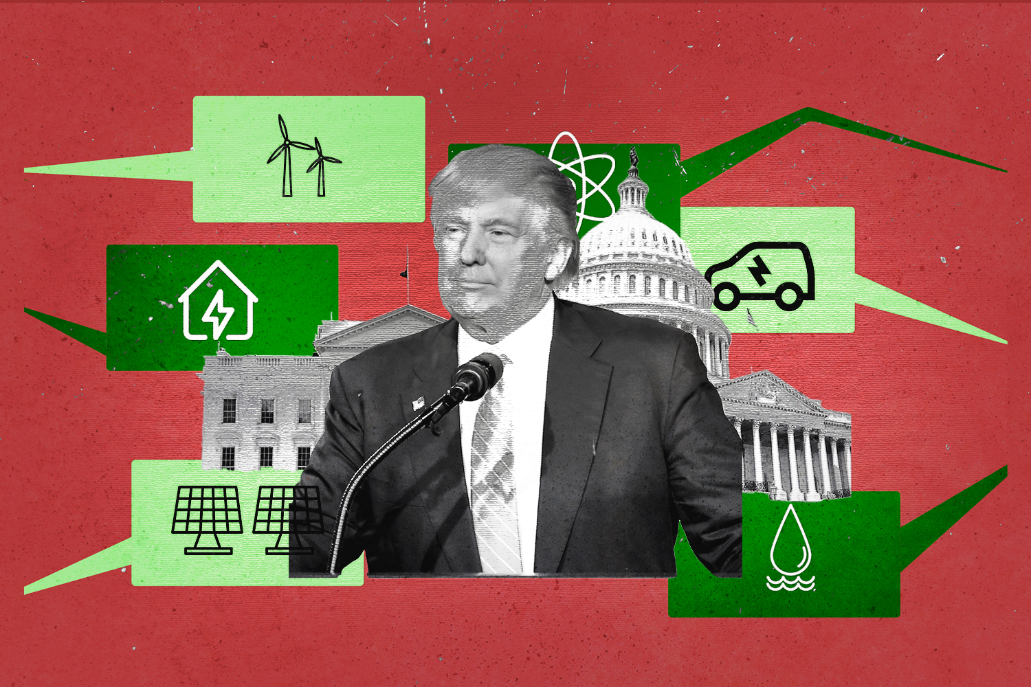 An illustration with a black and white photo of Trump in the center, the Capitol building behind him, and text boxes filled with clean energy icons all around him.