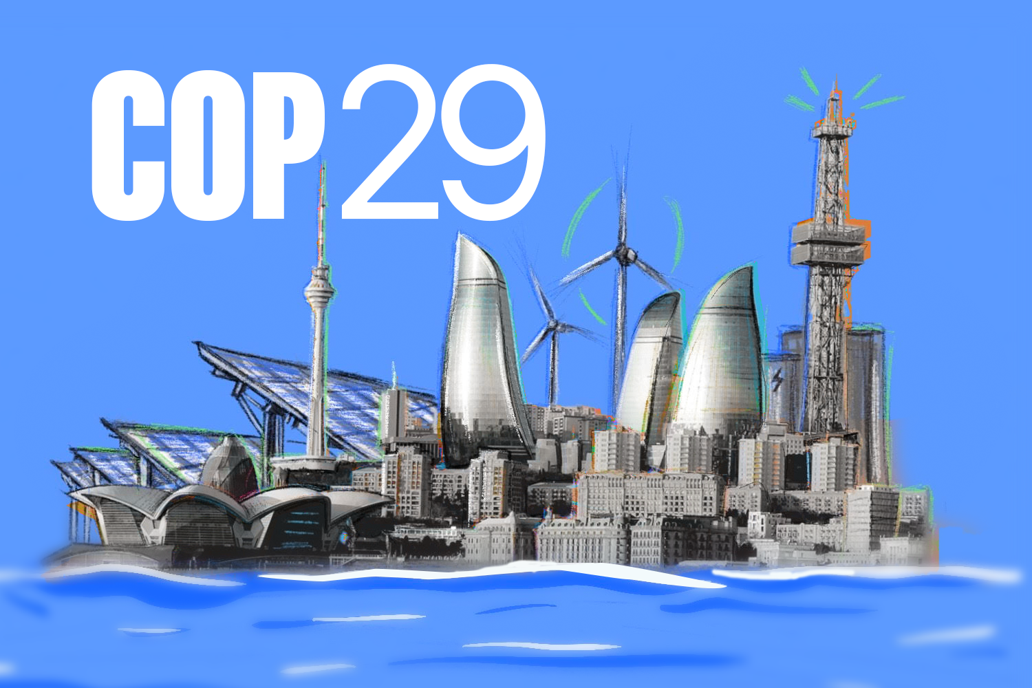 Black and white illustration of major landmarks in the skyline of Baku, Azerbaijan on a blue background with the COP29 logo