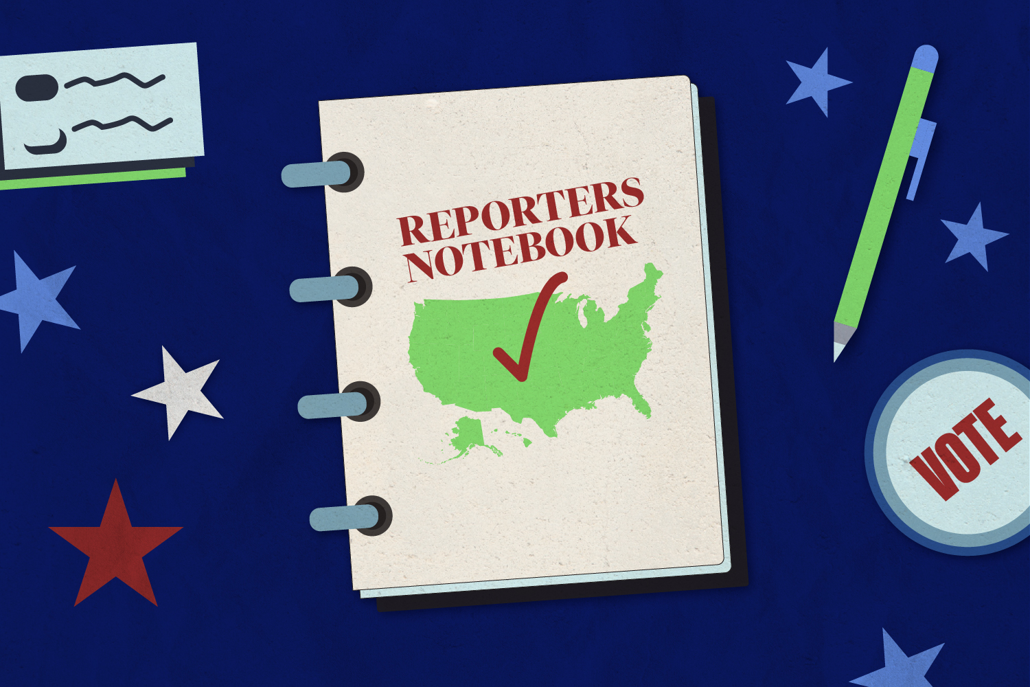 An illustration of a notebook with an outline of the United States and a red check mark. The notebook is surrounded by a pen and a 