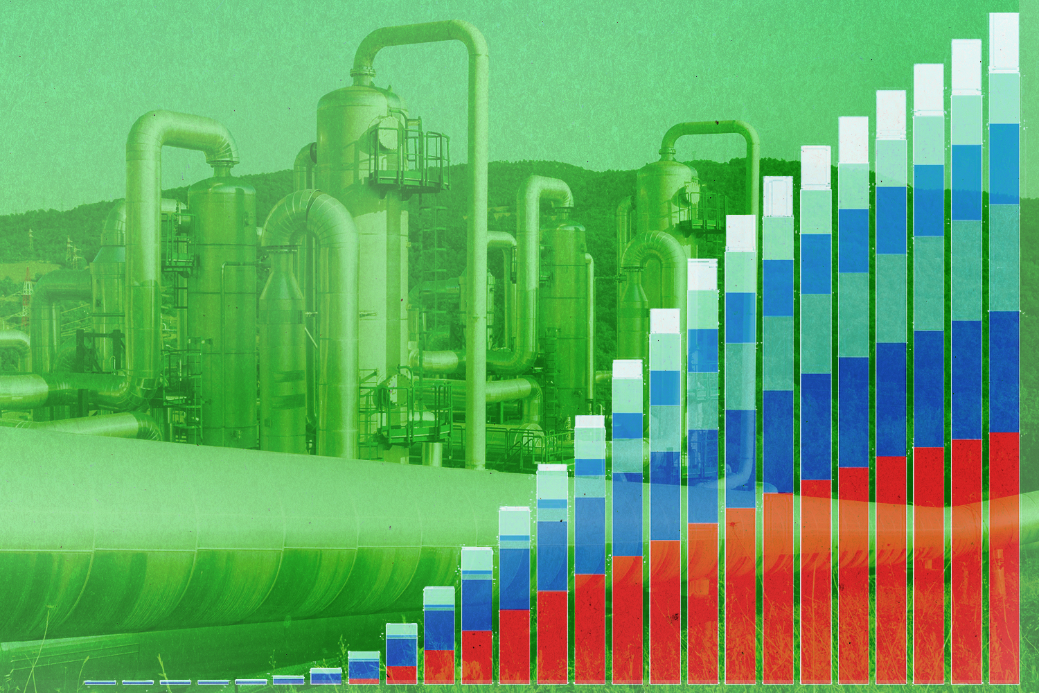 Illustration showing a bar chart, with the bars growing steadily to the right, on top of a photo of a geothermal system. The photo has a green overlay on top of it, making the whole image mostly green.